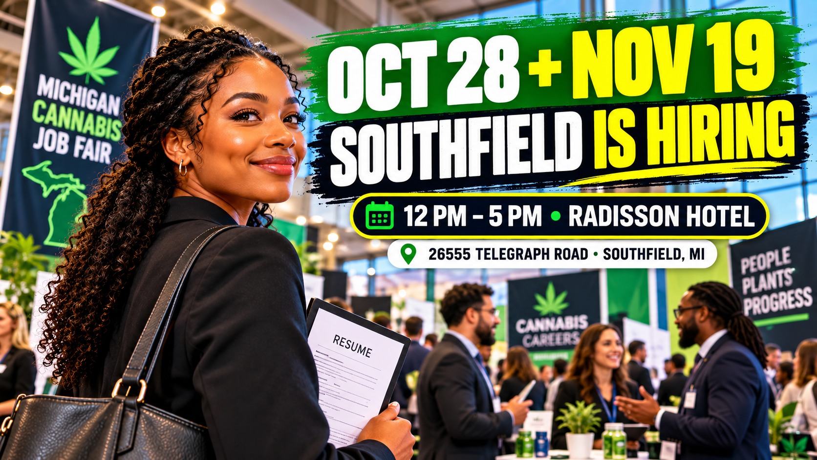 Cannabis Job Fair promotional photograph with bold headline embedded in the image